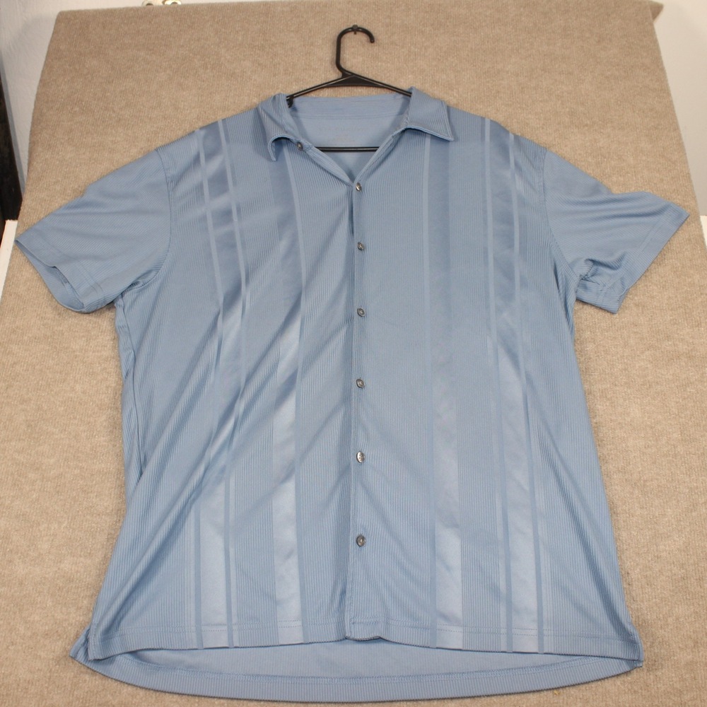 Via Europa Mens Blue Vertical Textured Stripe Short Sleeve Button Down Shirt‎ Lg